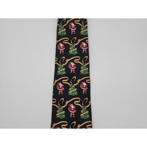 Keith Daniels Neck Tie Christmas Trees Joly Santa Claus Black Background Festive - Picture 1 of 10